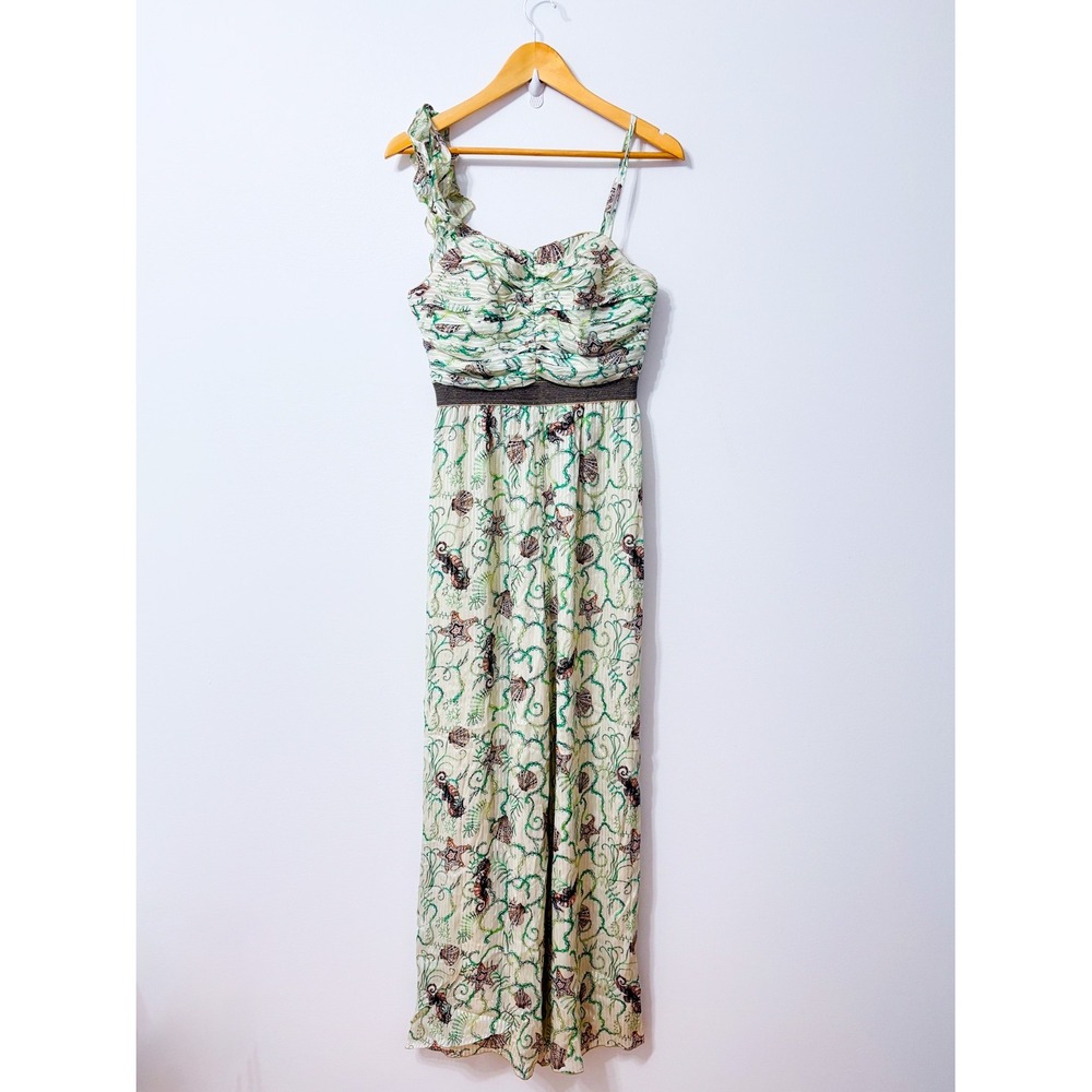 SPACE STYLE CONCEPT Green Gold Silk Metallic Print Wide Leg Jumpsuit Size 42 IT